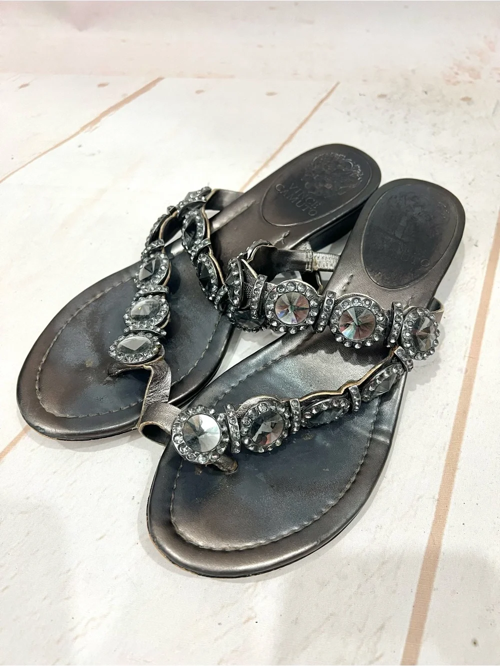 Vince Camuto Metallic Leather Imanal Rhinestone Jeweled Kitten Wedge Sandals